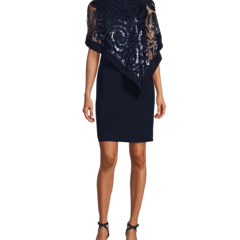 R&M Richards navy  3/4 dolman sleeve boat neck sequin swirl poncho dress! New